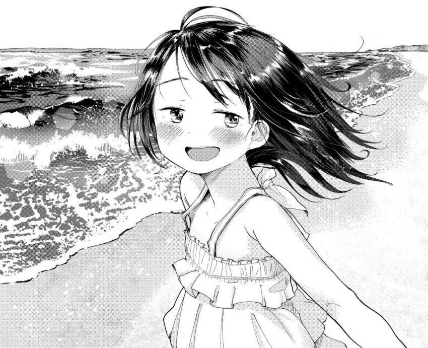 1girl beach blush dress greyscale masuda_(yousaytwosin) monochrome original outdoors smile solo waves