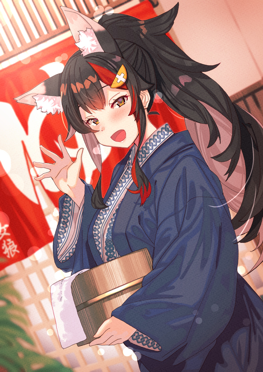 1girl absurdres alternate_hairstyle animal_ear_fluff animal_ears bangs bath_yukata black_hair blush breasts bucket hair_ornament hairclip hand_up highres holding holding_bucket hololive huge_filesize indoors japanese_clothes kimono large_breasts long_hair long_sleeves looking_at_viewer multicolored_hair ookami_mio open_mouth ponytail redhead solo streaked_hair tonari_no_kai_keruberosu towel virtual_youtuber wide_sleeves wolf_ears wolf_girl wooden_bucket yukata