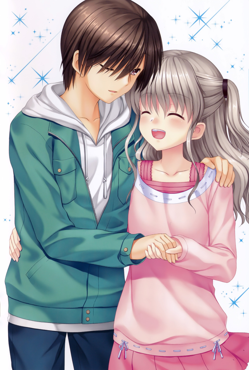 1boy 1girl :d absurdres bangs blue_pants brown_hair charlotte_(anime) closed_eyes collarbone couple cowboy_shot eyebrows_visible_through_hair floating_hair green_jacket grey_background hair_between_eyes hand_on_another's_hip hand_on_another's_shoulder highres holding_hands hood hood_down hooded_sweater jacket long_hair long_sleeves miniskirt na-ga one_eye_closed one_side_up open_clothes open_jacket open_mouth otosaka_yuu pants pink_shirt pink_skirt pleated_skirt shiny shiny_hair shirt silver_hair skirt smile standing sweater tomori_nao white_sweater