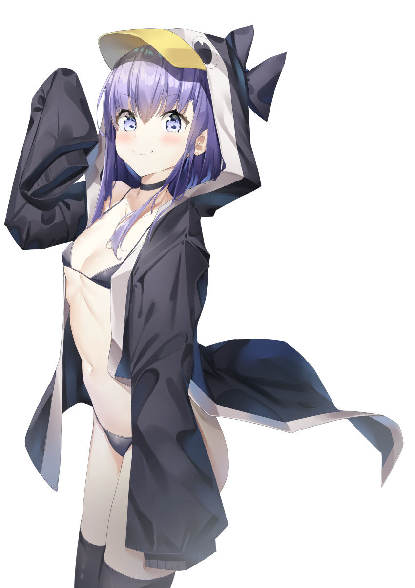 1girl absurdres animal_hood bangs black_legwear blue_eyes blush breasts choker closed_mouth collarbone commentary_request eyebrows_visible_through_hair fate/grand_order fate_(series) from_side hair_between_eyes highres hood long_hair long_sleeves looking_at_viewer meltryllis meltryllis_(swimsuit_lancer)_(fate) navel purple_hair ribbon simple_background sleeves_past_fingers sleeves_past_wrists small_breasts smile sog-igeobughae solo swimsuit thigh-highs very_long_hair white_background