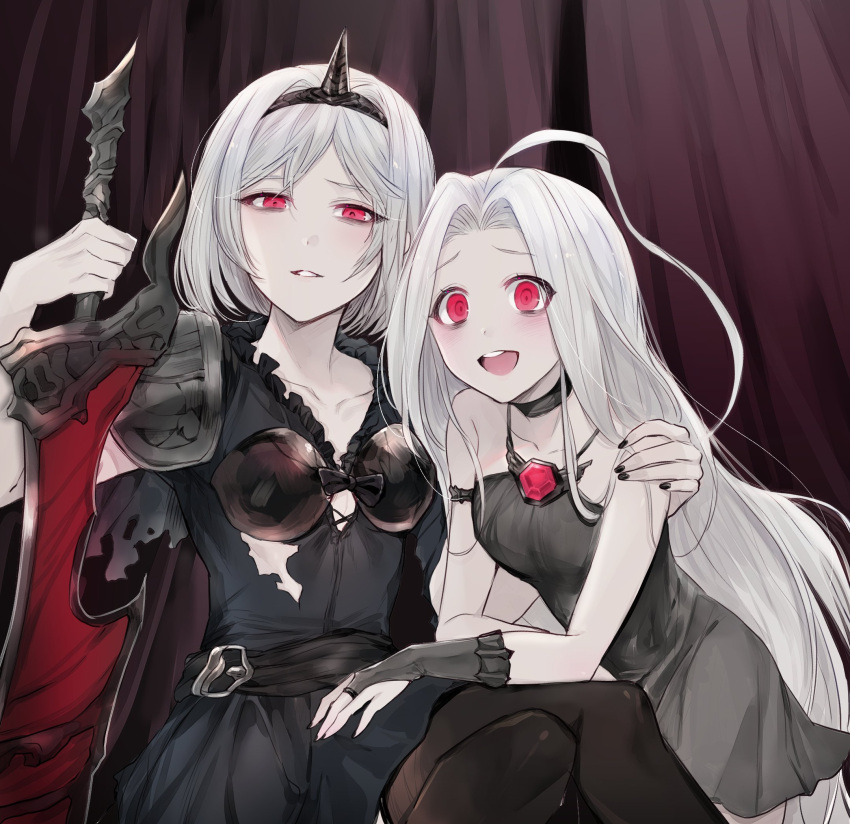 2girls ahoge black_legwear black_nails blue_hair bob_cut brooch buckle choker collarbone crossed_legs cygames dark_background dark_persona djeeta_(granblue_fantasy) djeeta_(granblue_fantasy)_(alter_ego_conjurer) dress fingerless_gloves gloves granblue_fantasy hairband hand_on_another's_shoulder highres jewelry light_smile long_hair looking_at_viewer lyria_(granblue_fantasy) mad_pingu multiple_girls open_mouth red_eyes shoulder_armor silver_hair smile spiked_hairband spikes strapless strapless_dress sword thigh-highs weapon
