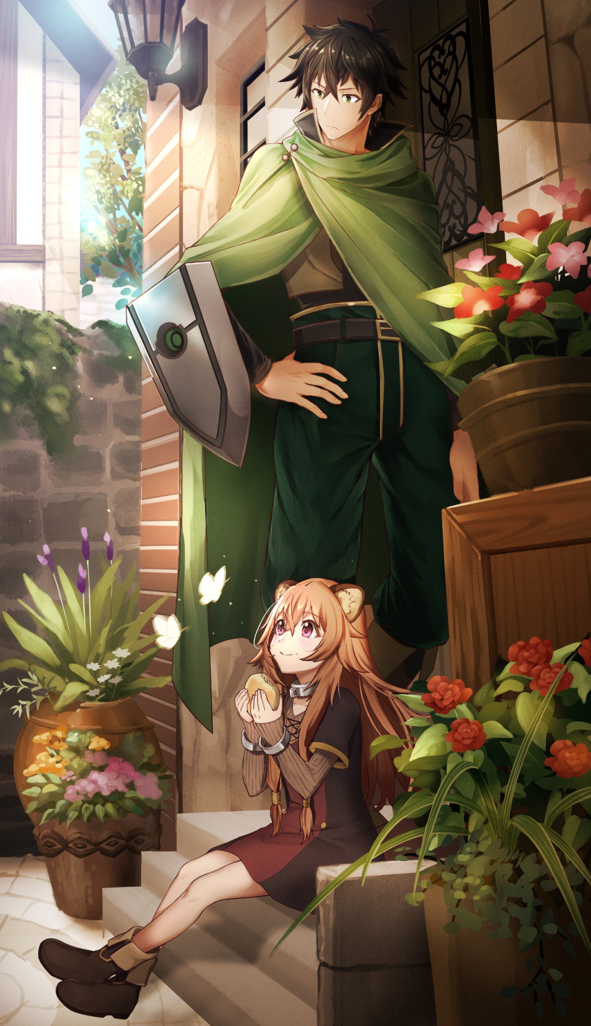 1boy 1girl absurdres animal_ear_fluff animal_ears belt boots brown_dress brown_hair bug butterfly cape child collar crossed_legs cuffs door dress eyebrows_visible_through_hair flower food food_on_face green_cape green_eyes hand_on_hip highres holding holding_food insect iwatani_naofumi lamp long_hair messy_hair metal_collar pants pink_eyes plant potted_plant raccoon_ears raccoon_girl raccoon_tail raphtalia senamoto_aki shield sitting sitting_on_stairs stairs tail tate_no_yuusha_no_nariagari translation_request