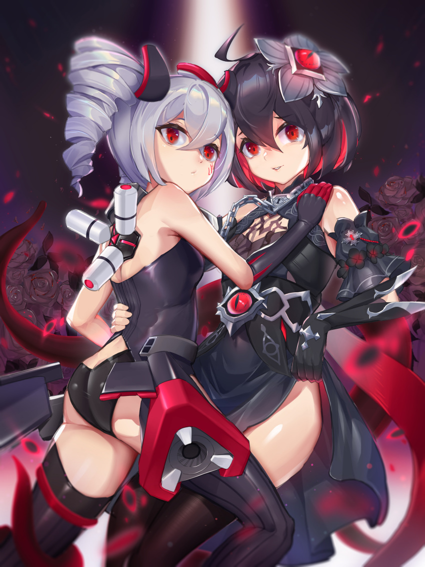 2girls absurdres ahoge ass bangs belt black_dress black_flower black_gloves black_legwear black_panties black_rose breasts bronya_zaychik bronya_zaychik_(black_nucleus) cannon chain crossed_bangs dark_persona dress drill_hair flower gloves grey_eyes grey_hair hair_between_eyes hand_on_another's_hip hand_on_another's_shoulder highres honkai_(series) honkai_impact_3rd keyhole long_hair multicolored_hair multiple_girls panties red_eyes rose seele_vollerei sidelocks small_breasts tentacles thigh-highs thighs twin_drills two-tone_hair underwear wucanming