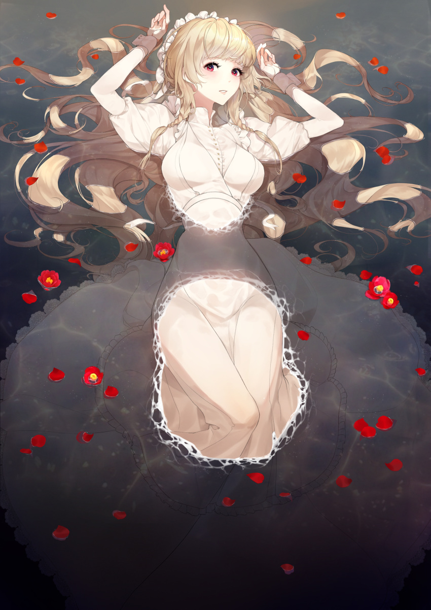 00suger001 1girl absurdres blonde_hair blush braid breasts camellia dress flower highres large_breasts lips long_hair looking_at_viewer maid_cap original partially_submerged petals red_eyes sidelocks solo twin_braids water white_dress wrist_cuffs