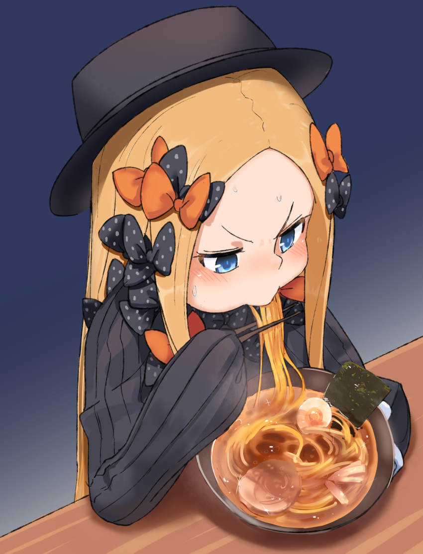 1girl abigail_williams_(fate/grand_order) bangs black_bow black_dress black_headwear blonde_hair blue_eyes blush bow bowl chopsticks commentary_request dress eating fate/grand_order fate_(series) food forehead hair_bow hat highres holding holding_chopsticks long_hair long_sleeves looking_away noodles orange_bow parted_bangs polka_dot polka_dot_bow ramen sleeves_past_fingers sleeves_past_wrists solo sweat upper_body usuaji v-shaped_eyebrows very_long_hair