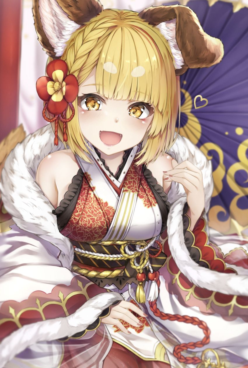 1girl absurdres animal_ear_fluff animal_ears bangs bare_shoulders blonde_hair blunt_bangs breasts commentary_request cowboy_shot detached_sleeves dog_ears dog_girl eyebrows_visible_through_hair floral_print flower flower_knot frilled_kimono frills fur-trimmed_sleeves fur_trim granblue_fantasy hair_flower hair_ornament heart highres hyouta_(yoneya) japanese_clothes kimono long_sleeves looking_at_viewer medium_breasts nail_polish orange_eyes oriental_umbrella pink_nails print_kimono red_flower short_hair solo thick_eyebrows umbrella vajra_(granblue_fantasy) white_kimono wide_sleeves