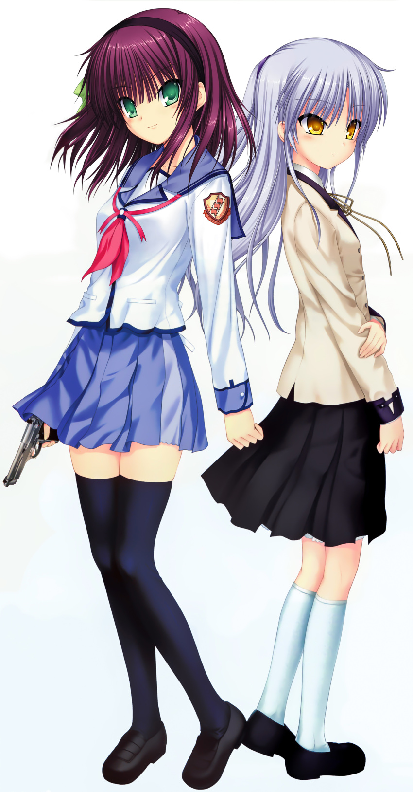 2girls absurdres angel_beats! bangs black_footwear black_hairband black_skirt blazer blue_legwear blue_sailor_collar blue_skirt bow closed_mouth collared_shirt eyebrows_visible_through_hair floating_hair full_body green_bow green_eyes gun hair_between_eyes hair_bow hairband highres holding holding_gun holding_weapon jacket kneehighs loafers long_hair long_sleeves miniskirt multiple_girls na-ga neckerchief pleated_skirt purple_hair red_neckwear sailor_collar sailor_shirt school_uniform shiny shiny_hair shirt shoes silver_hair simple_background skirt smile standing tachibana_kanade thigh-highs very_long_hair weapon white_background white_jacket white_legwear white_shirt yellow_eyes yuri_(angel_beats!) zettai_ryouiki