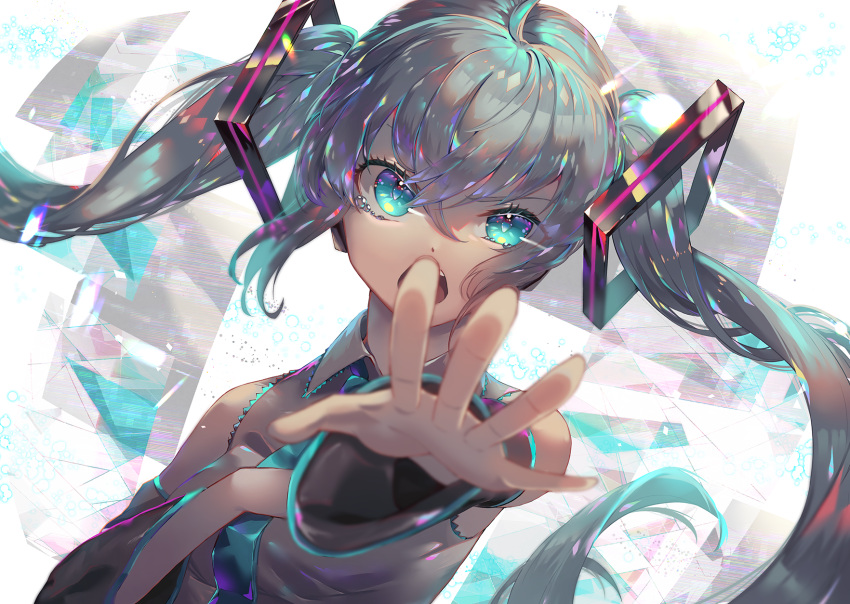 1girl abstract_background aqua_eyes aqua_hair aqua_neckwear bare_shoulders black_shirt black_sleeves breasts commentary_request detached_sleeves dutch_angle foreshortening grey_shirt hand_on_own_chest hatsune_miku headphones heart heart-shaped_pupils highres long_hair long_sleeves looking_at_viewer medium_breasts necktie open_mouth outstretched_arm raymond_busujima shirt sidelocks solo spread_fingers symbol-shaped_pupils tears twintails very_long_hair vocaloid