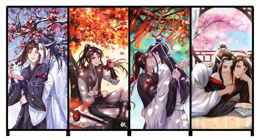 2boys alcohol animal arm_rest autumn autumn_leaves black_footwear black_hair black_robe blue_sky brown_eyes cherry_blossoms chinese_clothes closed_eyes facing_another hair_ribbon headband heavenlove highres holding holding_animal hug hug_from_behind kiss long_hair looking_at_another looking_at_viewer lying male_focus mo_dao_zu_shi multiple_boys on_stomach outdoors ponytail rabbit railing red_ribbon ribbon sitting sky snow_bunny spring_(season) standing summer very_long_hair wangji_lan white_headband white_robe wide_sleeves winter wuxian_wei yaoi