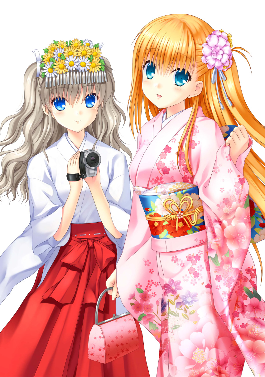 2girls absurdres alternate_costume bag bangs blonde_hair blue_eyes camera charlotte_(anime) closed_mouth eyebrows_visible_through_hair floral_print flower hair_between_eyes hair_flower hair_ornament hair_ribbon hakama handbag head_wreath highres holding holding_bag holding_camera japanese_clothes kimono long_hair miko multiple_girls na-ga nishimori_yusa pink_bag pink_flower pink_kimono print_kimono red_hakama ribbon shiny shiny_hair silver_hair simple_background smile standing tied_hair tomori_nao very_long_hair white_background white_flower white_kimono white_ribbon yellow_flower yukata