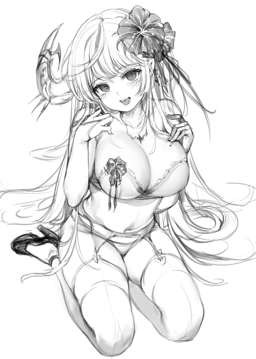 1girl absurdres black_legwear blush breasts covered_nipples elbow_gloves eyebrows_visible_through_hair fangs flower gloves greyscale hair_flower hair_ornament high_heels highres horn jewelry large_breasts long_hair mole mole_on_breast monochrome navel necklace original painteen pointy_ears simple_background sketch smile solo thigh-highs tongue tongue_out very_long_hair white_background