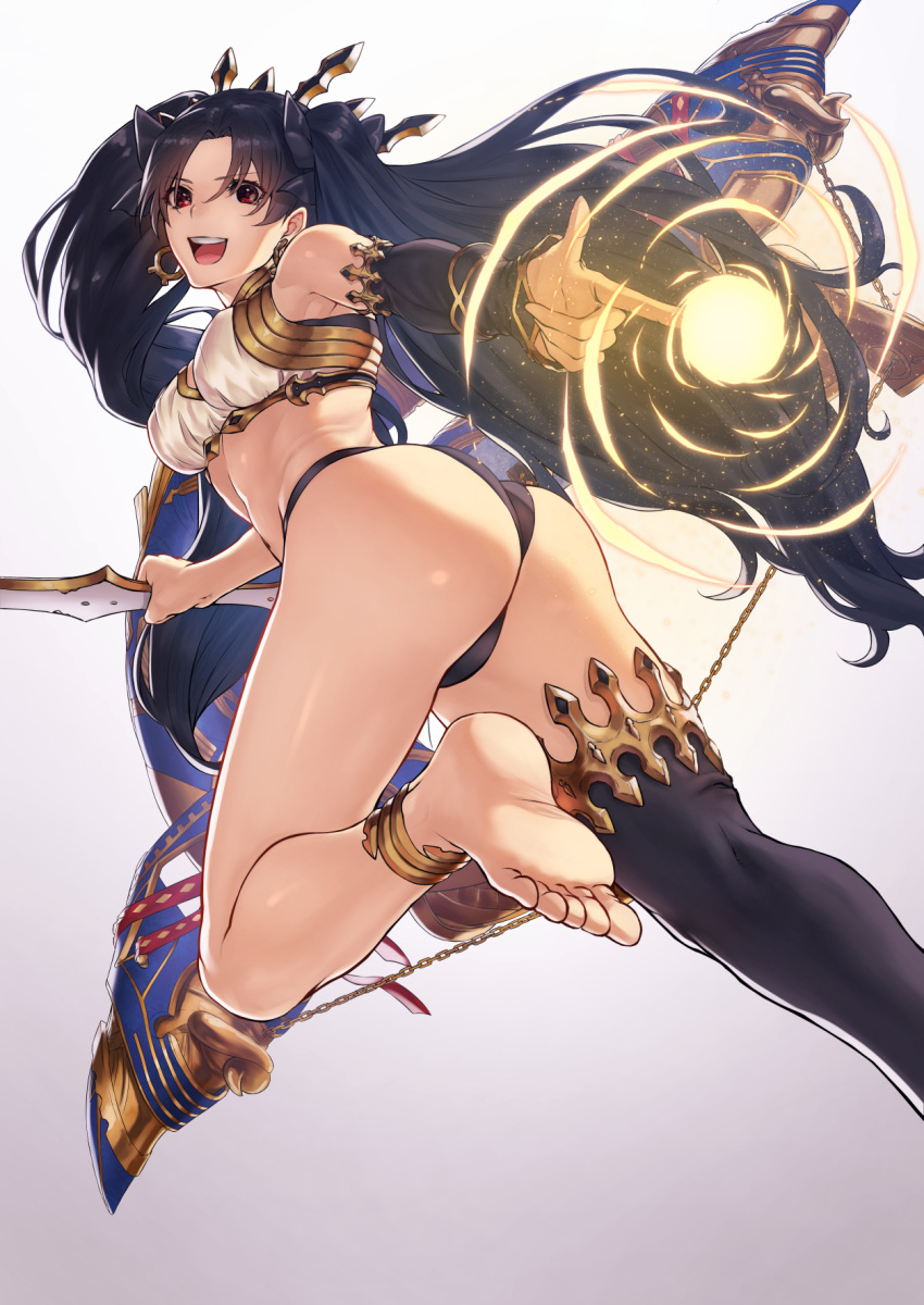 1girl anklet ass back bangs bare_shoulders barefoot black_hair black_legwear breasts crown detached_sleeves earrings fate/grand_order fate_(series) gradient gradient_background hair_ribbon highres hoop_earrings ishtar_(fate/grand_order) jewelry long_hair looking_at_viewer looking_back medium_breasts midriff mugetsu2501 navel open_mouth parted_bangs red_eyes ribbon simple_background single_sleeve single_thighhigh smile solo stomach teeth thigh-highs thighs toes twisted_torso two_side_up