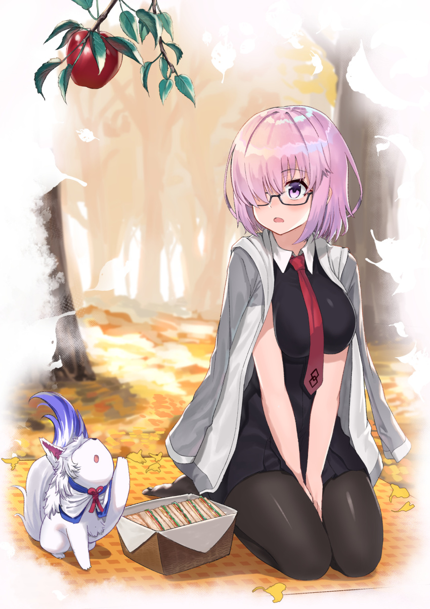 1girl autumn_leaves bangs between_legs black-framed_eyewear black_dress black_legwear breasts creature dress fate/grand_order fate_(series) food fou_(fate/grand_order) ginkgo_leaf glasses grey_jacket hair_over_one_eye highres jacket jacket_on_shoulders jjeono large_breasts long_sleeves looking_at_viewer mash_kyrielight necktie no_shoes open_mouth pantyhose picnic_basket pink_hair red_neckwear sandwich short_hair sidelocks v_arms violet_eyes wing_collar