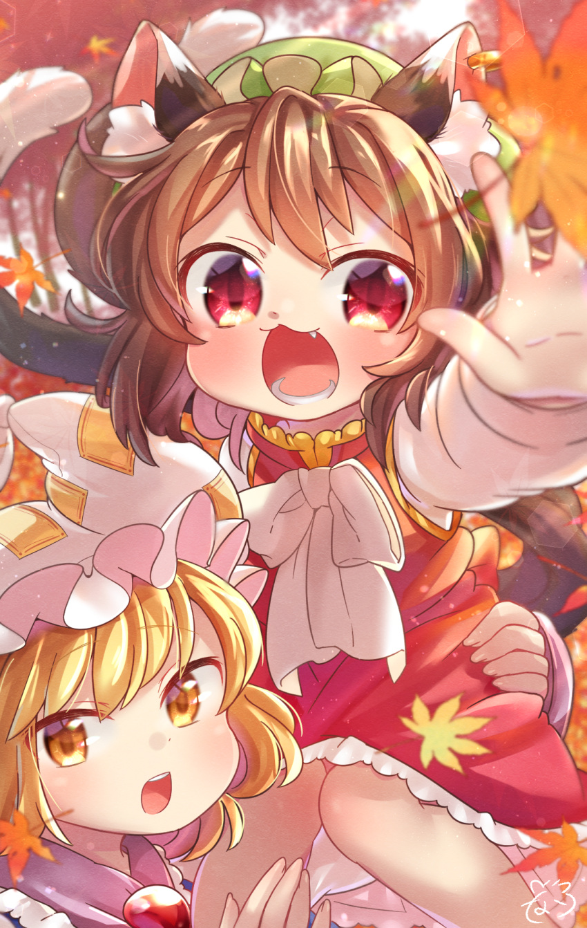 2girls animal_ear_fluff animal_ears autumn_leaves blonde_hair blurry blurry_foreground bow bowtie brown_hair carrying cat_ears cat_tail chen commentary_request day depth_of_field eyebrows_visible_through_hair falling_leaves fang from_above green_headwear hand_on_another's_hip hand_on_another's_leg hat hat_with_ears highres holding_person ibaraki_natou jewelry leaf long_sleeves looking_at_viewer lower_teeth maple_leaf mob_cap multiple_girls multiple_tails ofuda open_mouth outdoors outstretched_hand petticoat pillow_hat red_eyes red_skirt red_vest shirt short_hair shoulder_carry signature single_earring skirt slit_pupils tail touhou upper_body upper_teeth vest white_neckwear white_shirt yakumo_ran yellow_eyes