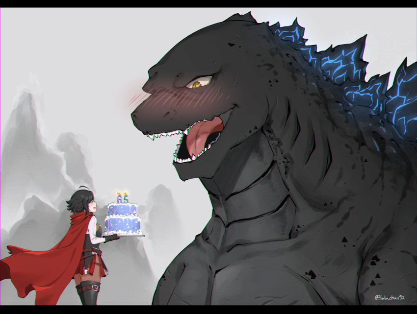 1girl ^_^ ahoge black_footwear black_gloves black_hair blush boots buckle cake cape closed_eyes commentary crossover english_commentary food gloves godzilla godzilla_(series) happy_birthday highres holding holding_tray letterboxed long_sleeves lulu-chan92 miniskirt monster mountain open_mouth outdoors red_cape red_skirt ruby_rose rwby sharp_teeth short_hair side_slit size_difference skirt teeth thigh-highs thigh_boots tongue tray twitter_username yellow_eyes