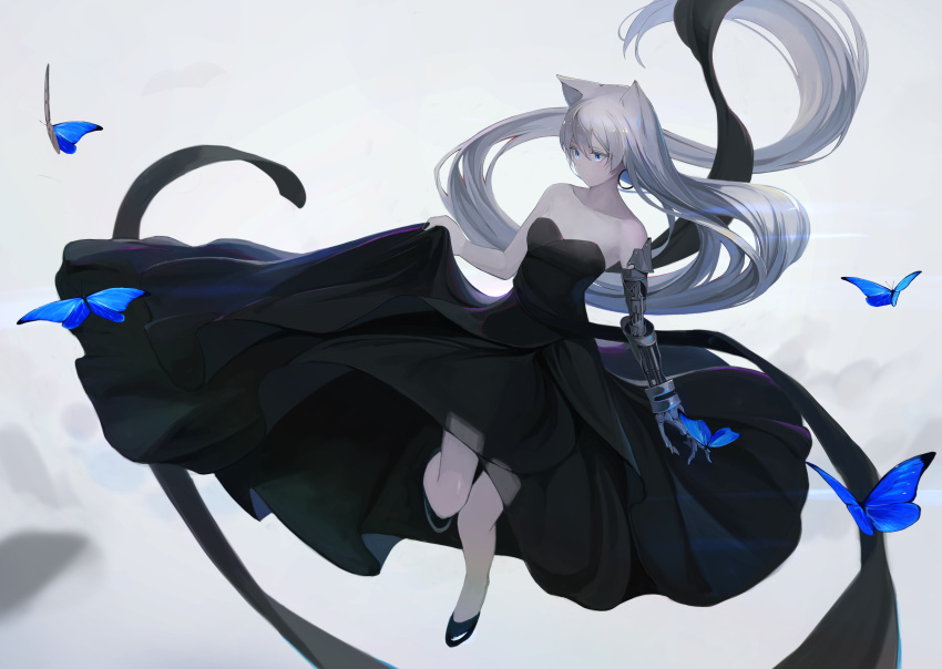 1girl absurdres animal_ears bare_shoulders black_dress blue_eyes bug butterfly collarbone cyborg dress floating floating_hair gown grey_background highres insect long_hair mechanical_arm mikisai original prosthesis silver_hair simple_background skirt_hold sleeveless sleeveless_dress solo very_long_hair