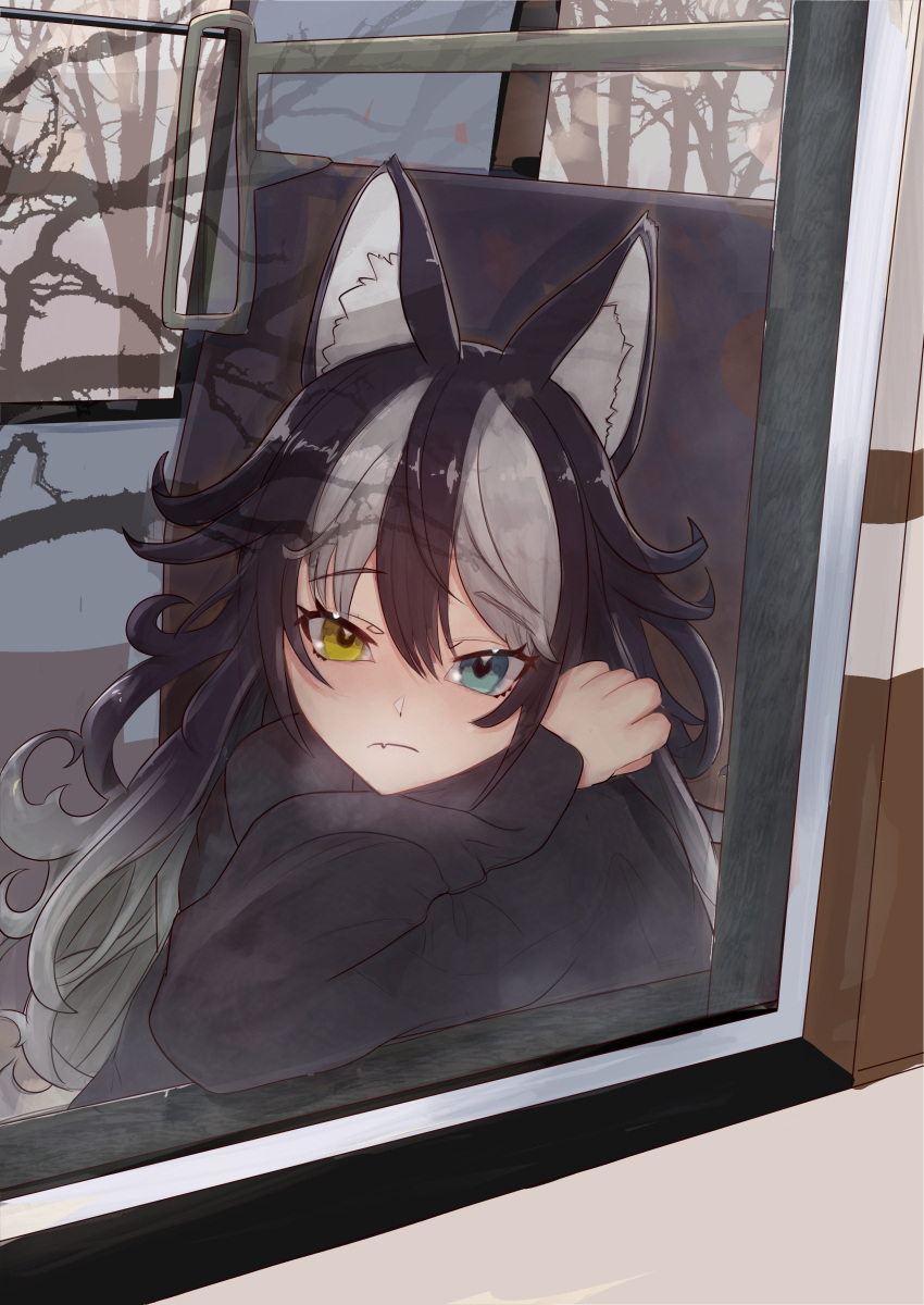1girl absurdres alternate_costume animal_ears black_hair black_sweater blue_eyes casual closed_mouth commentary_request contemporary eyebrows_visible_through_hair fang fang_out grey_hair grey_wolf_(kemono_friends) hand_up head_rest heterochromia highres kemono_friends long_hair long_sleeves multicolored_hair ponta_(matsuokazieg) reflection solo sweater train_interior two-tone_hair window wolf_ears wolf_girl yellow_eyes