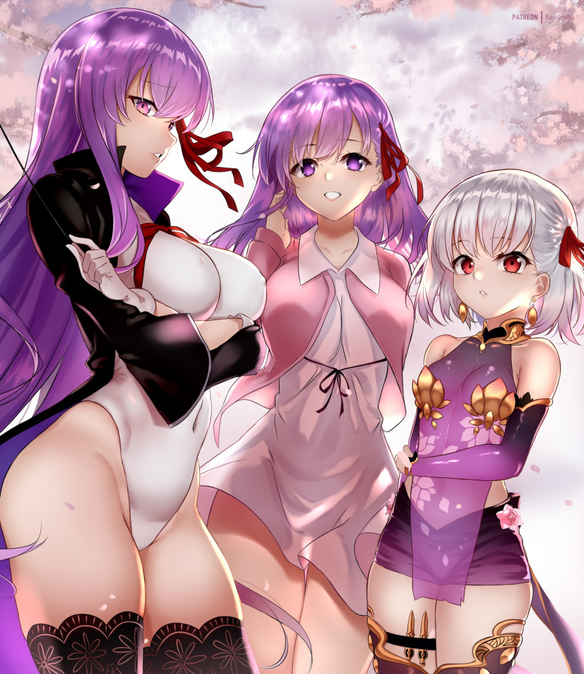 3girls bangs bb_(fate)_(all) bb_(fate/extra_ccc) black_coat blush breasts detached_sleeves dress earrings fate/extra fate/extra_ccc fate/grand_order fate/stay_night fate_(series) gloves hair_ribbon highres holding holding_wand jewelry kama_(fate/grand_order) large_breasts leotard long_hair long_sleeves looking_at_viewer matou_sakura multiple_girls neck_ribbon pink_ribbon purple_dress purple_hair purple_legwear purple_sleeves red_eyes red_ribbon ribbon ring short_hair silver_hair sleeveless sleeveless_dress small_breasts thighs very_long_hair violet_eyes wand white_gloves white_leotard zasshu