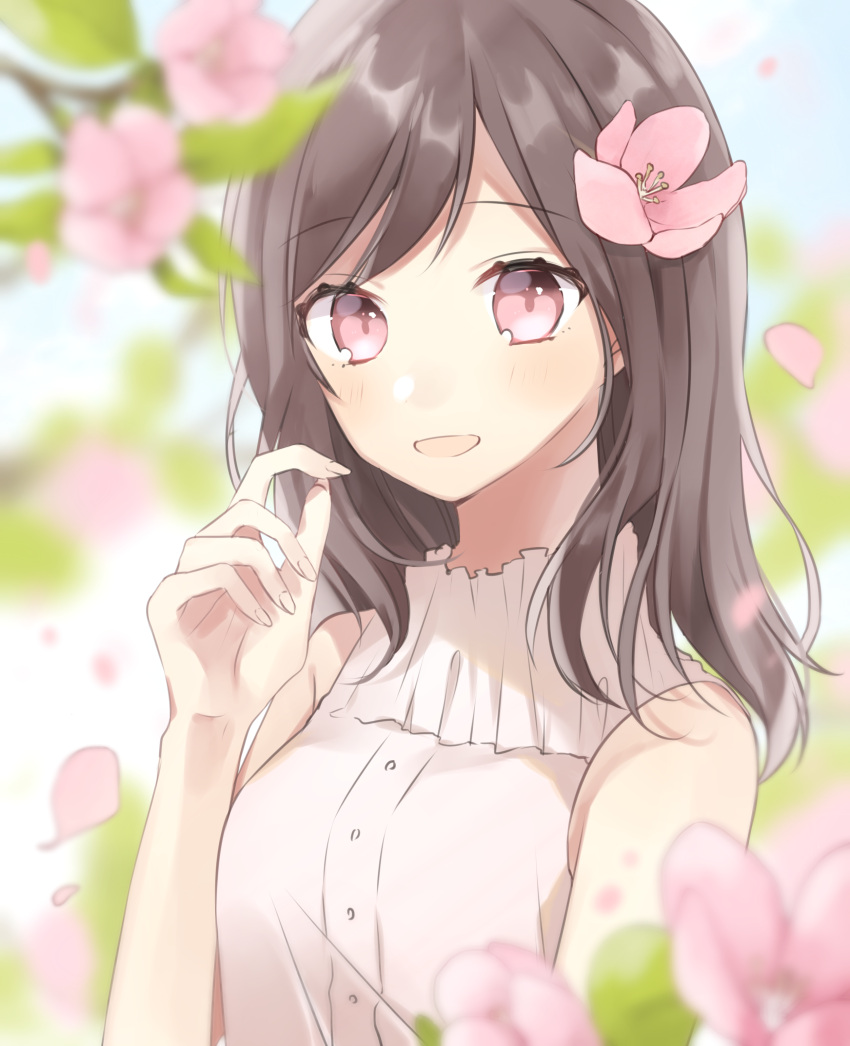 1girl :d absurdres bangs bare_arms bare_shoulders blue_sky blurry blurry_background blurry_foreground blush breasts brown_hair commentary_request day depth_of_field eyebrows_visible_through_hair flower hachimitsu_honey hair_flower hair_ornament hand_up highres long_hair looking_at_viewer open_mouth original outdoors petals pink_eyes pink_flower shirt sky sleeveless sleeveless_shirt small_breasts smile solo swept_bangs upper_body white_shirt