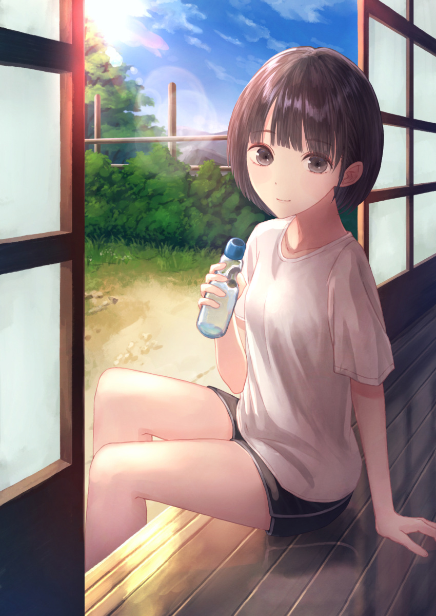 1girl arm_support bangs black_shorts bottle brown_eyes brown_hair closed_mouth collarbone eyebrows_visible_through_hair highres holding holding_bottle lens_flare looking_at_viewer original outdoors shiny shiny_hair shirt short_hair short_shorts short_sleeves shorts sitting smile solo tanbonota46 water_bottle white_shirt