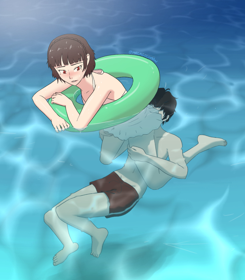 1boy 1girl amamiya_ren atlus beach bikini bikini_skirt black_hair female_swimwear innertube looking_at_another male_swimwear megagogoman megami_tensei navel niijima_makoto no_face ocean persona persona_5 red_eyes short_hair swim_trunks swimming swimsuit tomboy underwater water water_surface white_bikini