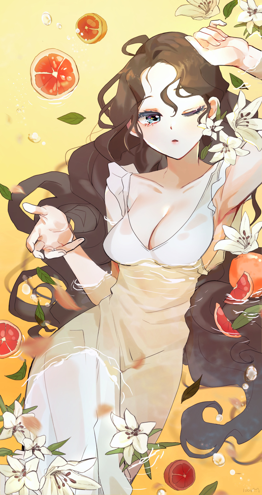 1004 1girl absurdres afloat arm_up armpits bathing blue_eyes blush breasts brown_hair closed_eyes collarbone commentary dress english_commentary flower food from_above fruit grapefruit grapefruit_slice highres large_breasts leaf long_hair looking_at_viewer one_eye_closed original parted_lips partially_submerged signature sleeveless sleeveless_dress solo water white_dress white_flower