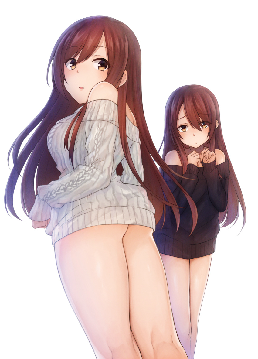 2girls absurdres akky_(akimi1127) bangs black_sweater brown_hair commentary_request eyebrows_visible_through_hair hair_between_eyes highres idolmaster idolmaster_shiny_colors kneepits long_hair long_sleeves looking_at_viewer multiple_girls off-shoulder_sweater off_shoulder oosaki_amana oosaki_tenka parted_lips sidelocks simple_background sweater thighs white_background white_sweater yellow_eyes
