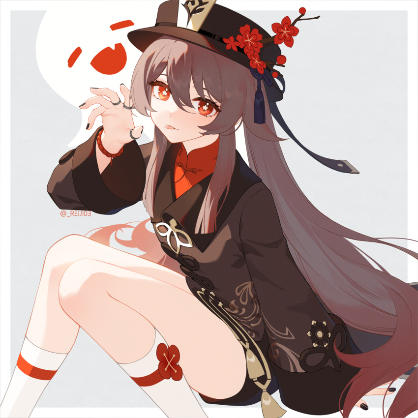 1girl bangs bead_bracelet beads black_headwear black_nails boo_tao_(genshin_impact) bracelet brown_hair flower flower-shaped_pupils genshin_impact ghost gradient_hair hat hat_flower highres hu_tao_(genshin_impact) jewelry kneehighs long_hair long_sleeves looking_at_viewer low_twintails multicolored_hair multiple_rings nail_polish red_eyes red_flower redhead ring rj_(lingshih10) shorts simple_background socks solo symbol-shaped_pupils tassel tongue tongue_out twintails twitter_username very_long_hair white_socks