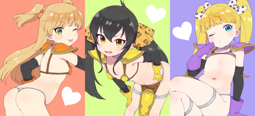 3girls ;p animal_print armor ass back bangs bikini_armor black_hair blonde_hair blush bow breasts choker collarbone crossed_legs eyebrows_visible_through_hair gloves green_eyes hair_between_eyes hair_bow hair_ribbon heart highres idolmaster idolmaster_cinderella_girls jougasaki_rika leaning_forward leopard_print loincloth long_hair looking_at_viewer mary_cochran matoba_risa moyori multiple_girls navel one_eye_closed open_mouth orange_gloves pauldrons polka_dot polka_dot_bow purple_gloves ribbon shoulder_blades simple_background sitting small_breasts smile thigh_strap tongue tongue_out twintails two_side_up white_bow yellow_eyes yellow_gloves