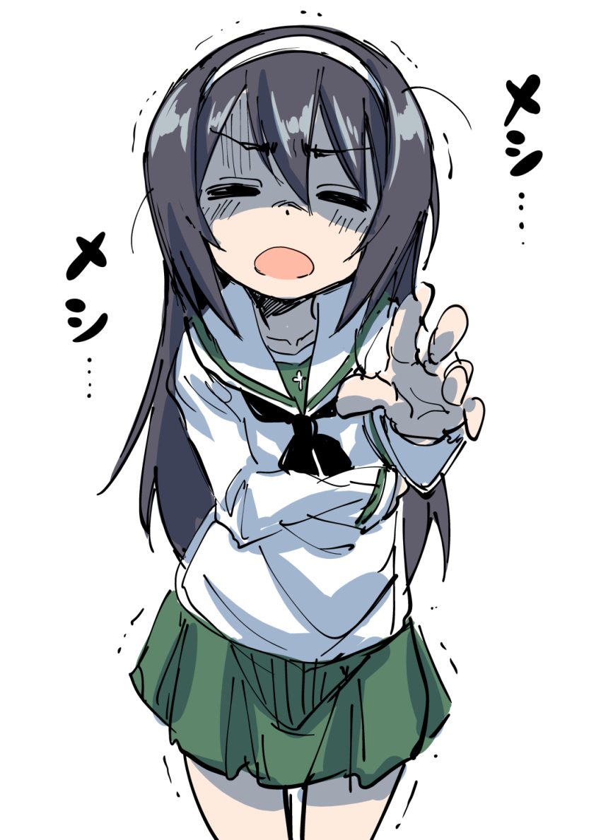 1girl bangs black_hair closed_eyes commentary girls_und_panzer green_skirt hairband highres long_hair miyao_ryuu ooarai_school_uniform open_mouth reaching_out reizei_mako sailor_collar school_uniform skirt solo translation_request trembling white_background white_hairband white_serafuku