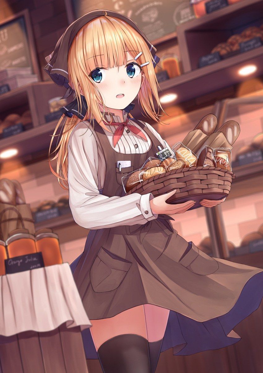 1girl absurdres ahoge apron bakery bangs basket black_legwear black_ribbon blonde_hair blue_eyes blue_skirt blurry blurry_background blurry_foreground blush bread brown_apron commentary_request copyright_request depth_of_field eyebrows_visible_through_hair food hair_ornament hair_ribbon hairclip head_scarf highres holding holding_basket indoors long_hair long_sleeves looking_at_viewer low_ponytail n2_(yf33) name_tag open_mouth orange_juice pen red_neckwear ribbon round_teeth shirt shop skirt solo teeth thigh-highs uniform upper_teeth white_shirt