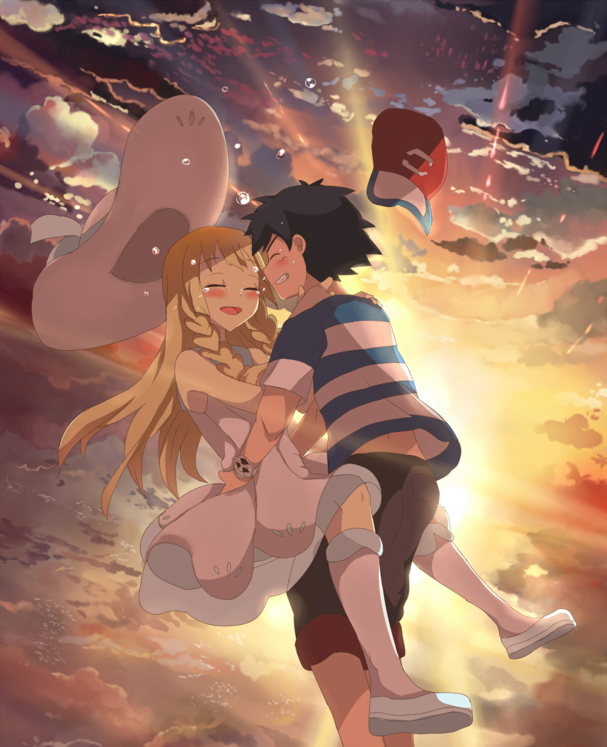 1boy 1girl black_hair blonde_hair blush bracelet braid closed_eyes clouds cloudy_sky commentary crying dress dutch_angle falling floating_hair hat hat_removed headwear_removed highres hug jewelry kuriyama light_rays lillie_(pokemon) long_hair ocean open_mouth pokemon pokemon_(anime) pokemon_(game) pokemon_sm pokemon_sm_(anime) satoshi_(pokemon) short_hair side_braid sky sleeveless sleeveless_dress smile sun_hat sunset surreal tears water z-ring