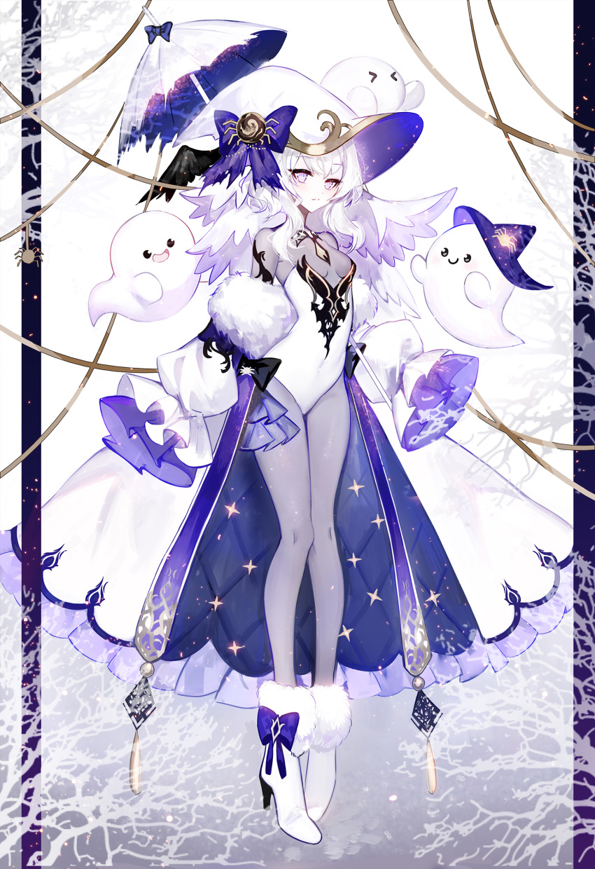 &gt;_&lt; 1girl black_bow black_wings blue_bow bodystocking boots bow breasts closed_mouth commentary_request feathered_wings full_body fur-trimmed_boots fur_trim ghost hat hat_bow high_heel_boots high_heels highres leotard light_smile long_hair long_sleeves moemoe3345 original puffy_long_sleeves puffy_sleeves purple_bow purple_headwear sleeves_past_fingers sleeves_past_wrists small_breasts solo standing strapless strapless_leotard torn_umbrella umbrella violet_eyes white_footwear white_hair white_headwear white_leotard white_umbrella wings witch_hat