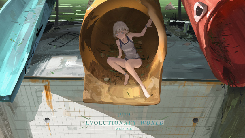 1972 1girl absurdres anklet blue_eyes film_grain highres jewelry one-piece_swimsuit original paindude ruins rust scenery short_hair silver_hair sketch solo swimsuit water water_slide waterpark