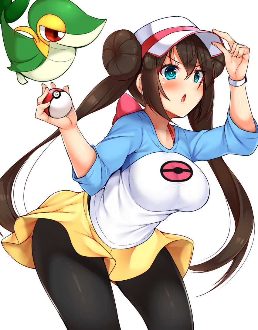 1girl adjusting_headwear aqua_eyes arm_up bangs baseball_cap black_legwear blush breasts brown_hair commentary_request cowboy_shot double_bun eyebrows_visible_through_hair gen_5_pokemon hair_between_eyes hand_up hat highres holding holding_poke_ball large_breasts leaning_forward long_hair long_sleeves mei_(pokemon) miniskirt open_mouth pantyhose poke_ball poke_ball_(generic) pokemon pokemon_(creature) pokemon_(game) pokemon_bw2 raglan_sleeves red_eyes shirt sidelocks simple_background skirt snivy standing t-shirt thighs tokoya_(ex-hetare) twintails v-shaped_eyebrows very_long_hair watch watch white_background white_headwear white_shirt yellow_skirt