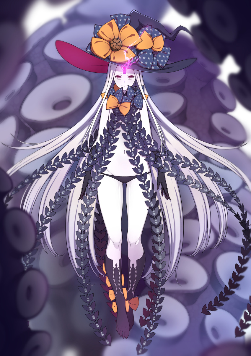 1girl abigail_williams_(fate/grand_order) absurdres ao_(aokisora_ao) bangs black_bow black_headwear black_panties bow breasts expressionless fate/grand_order fate_(series) full_body grey_skin hat highres keyhole long_hair lowleg lowleg_panties multiple_bows navel orange_bow panties red_eyes small_breasts suction_cups tentacles third_eye underwear very_long_hair white_hair white_skin witch_hat