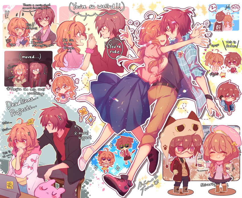 !! ... 1boy 1girl :&gt; ^_^ ^o^ ahoge belt blue_skirt breasts brown_eyes brown_hair brown_pants cellphone closed_eyes closed_mouth directional_arrow english_text facing_another flower glasses hair_flower hair_ornament heart heart-shaped_eyewear highres holding holding_cellphone holding_phone hug icedteii long_hair long_sleeves looking_at_another looking_away medium_breasts open_mouth original pants parted_lips phone ponytail short_hair short_ponytail short_sleeves sitting skirt speech_bubble spoken_ellipsis stuffed_animal stuffed_toy sunglasses sweatdrop tablet_pc text_focus twintails