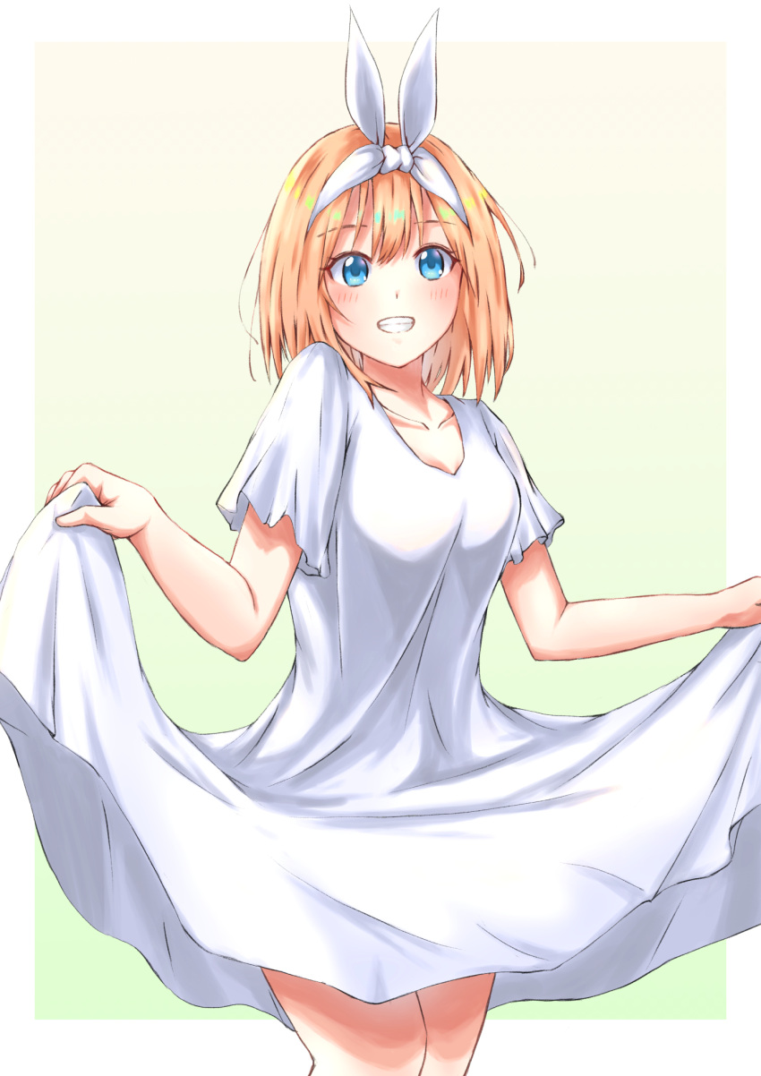 1girl :d blonde_hair blue_eyes blush breasts collarbone commentary cowboy_shot dress dress_lift go-toubun_no_hanayome gradient gradient_background green_background hair_ribbon highres looking_away nakano_yotsuba open_mouth ribbon small_breasts smile solo teeth user_uyzu5483 white_dress white_ribbon yellow_background