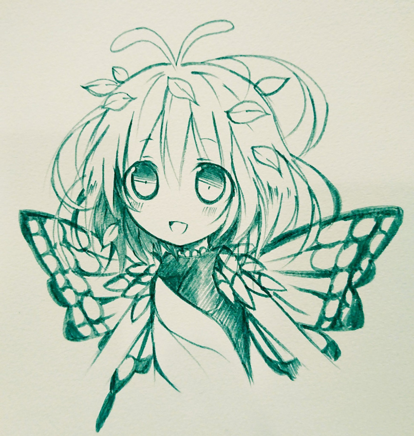 1girl blush butterfly_wings dress eternity_larva eyebrows_visible_through_hair fairy hair_between_eyes highres monochrome multicolored_clothes multicolored_dress one-hour_drawing_challenge open_mouth sarimomojelly short_hair short_sleeves single_strap smile solo touhou traditional_media upper_body wings