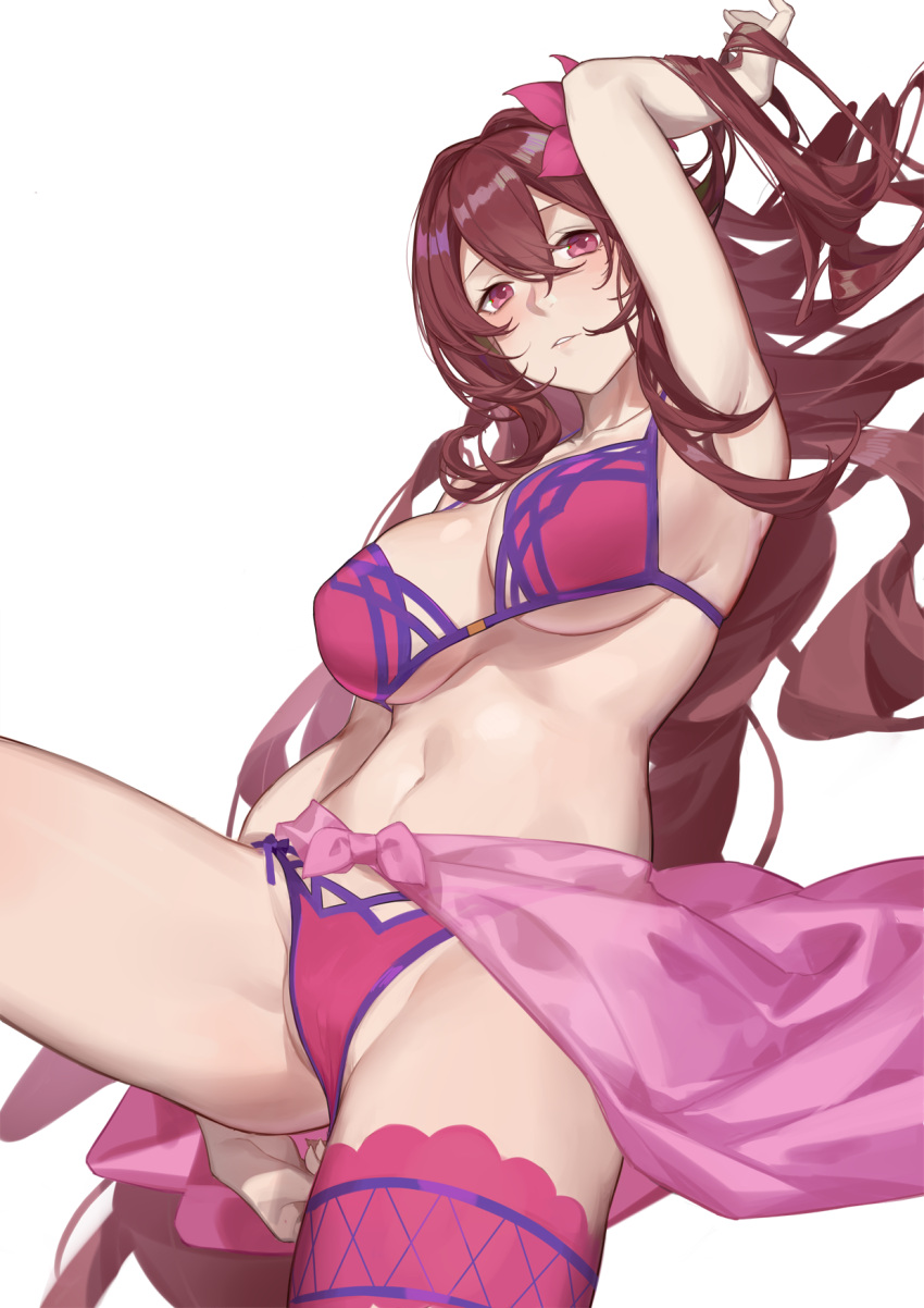 1girl arm_up armpits bangs bare_shoulders bikini blush breasts collarbone fate/grand_order fate_(series) hair_between_eyes hand_in_hair highres large_breasts leg_up long_hair navel parted_lips pink_bikini pink_legwear red_cucumber redhead sarong scathach_(fate)_(all) scathach_(swimsuit_assassin)_(fate) see-through_silhouette simple_background single_thighhigh solo stomach swimsuit thigh-highs under_boob very_long_hair white_background