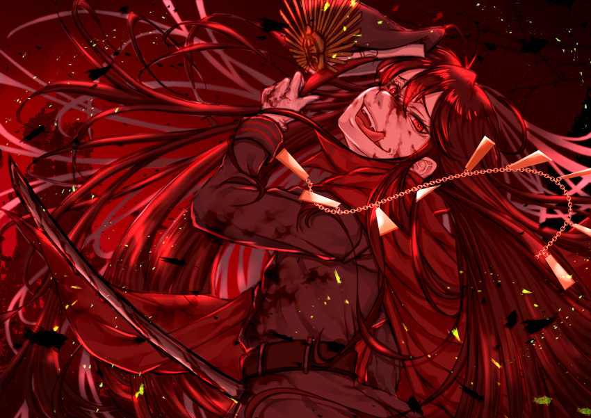 1girl absurdres belt black_hair blood blood_on_face bloody_weapon cape chain fate/grand_order fate_(series) gloves hair_between_eyes hat hat_removed headwear_removed highres holding holding_sword holding_weapon long_hair long_sleeves looking_at_viewer oda_nobunaga_(fate) oda_nobunaga_(fate)_(all) open_mouth red_background red_cape red_eyes red_theme s0shir0 sword tongue tongue_out very_long_hair weapon white_gloves