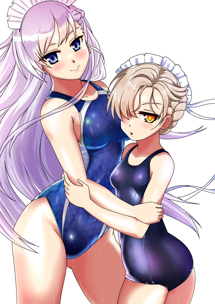 2girls absurdres aiuchi azur_lane belfast_(azur_lane) blue_eyes blue_swimsuit braid breasts collarbone commentary_request competition_swimsuit cowboy_shot french_braid hair_over_one_eye highres hug long_hair looking_at_viewer maid_headdress medium_breasts multiple_girls old_school_swimsuit one-piece_swimsuit one_side_up purple_hair school_swimsuit sheffield_(azur_lane) simple_background small_breasts smile swimsuit white_background white_hair yellow_eyes younger