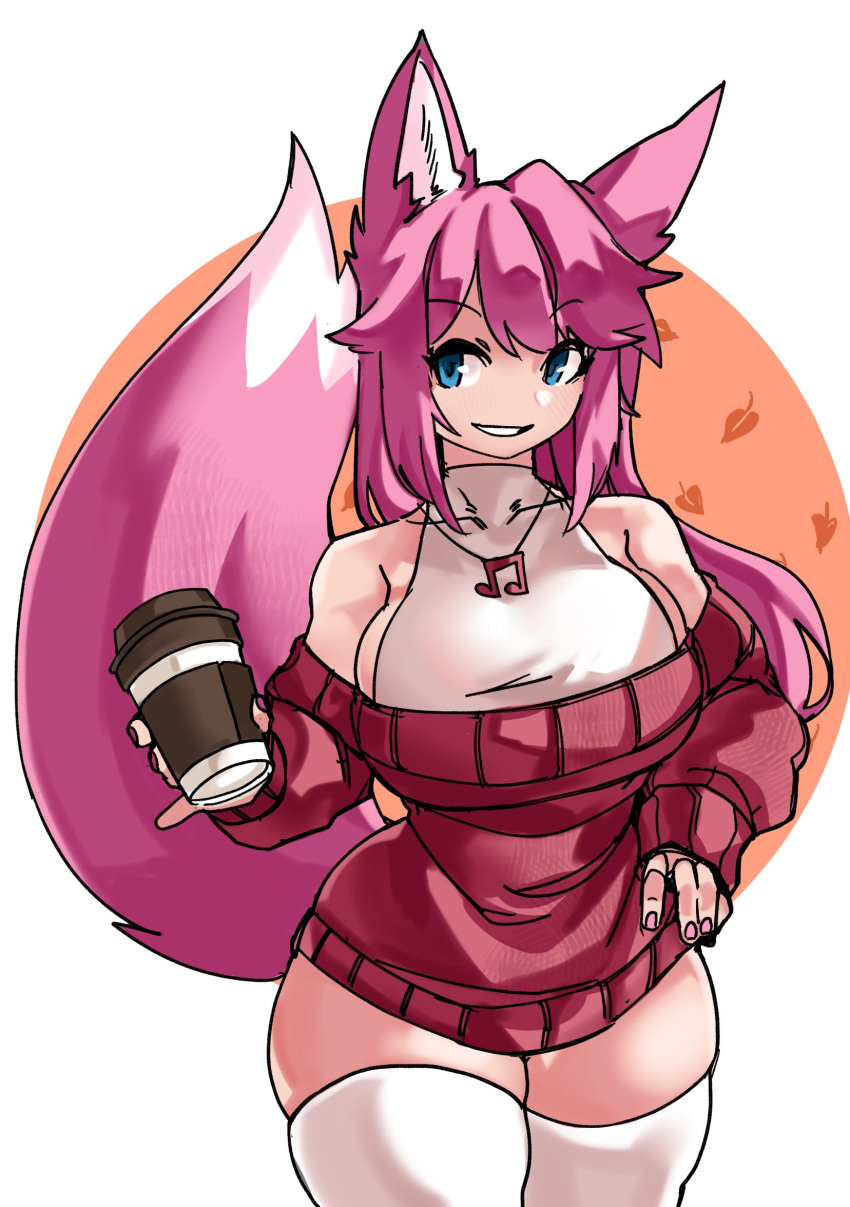 1girl animal_ears autumn_leaves bare_shoulders blue_eyes breasts character_request coffee_cup copyright_request cup curvy disposable_cup dress fox_ears fox_tail grin hand_on_hip highres jewelry leotard leotard_under_clothes long_hair musical_note off-shoulder_sweater off_shoulder pendant pink_hair pink_nails pink_tail pinky_out sideboob smile solo sweater sweater_dress tail thick_thighs thigh-highs thighs white_legwear white_leotard zana zettai_ryouiki