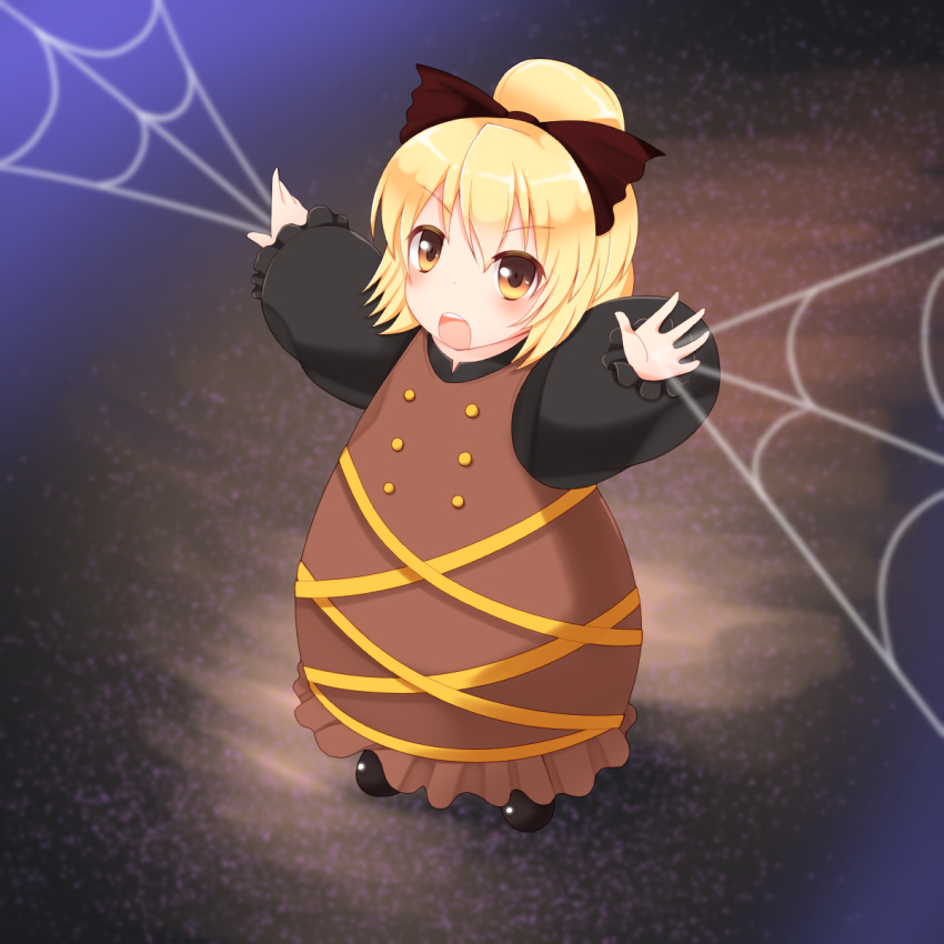 1girl black_footwear black_shirt blonde_hair bow brown_dress chibi commentary dress eyebrows_visible_through_hair hair_between_eyes hair_bow hair_bun highres kurodani_yamame long_sleeves looking_at_viewer on_ground open_mouth outstretched_arms puffy_long_sleeves puffy_sleeves satoru_(enheionline) shirt shirt_under_dress silk solo spider_web standing touhou upper_teeth yellow_eyes