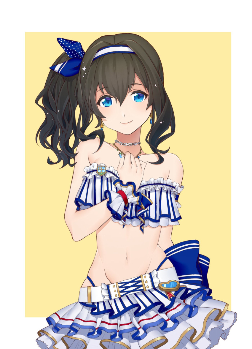 1girl aqua_nails bangs bikini black_hair blue_eyes bow chain chain_necklace cowboy_shot eyebrows_visible_through_hair frilled_bikini frilled_bikini_bottom frilled_bikini_top frills groin hair_between_eyes hairband highres idolmaster idolmaster_cinderella_girls idolmaster_cinderella_girls_starlight_stage jewelry jugemu_(qqkyon) long_hair looking_at_viewer midriff nail_polish navel necklace sagisawa_fumika side_ponytail smile solo swimsuit wrist_cuffs