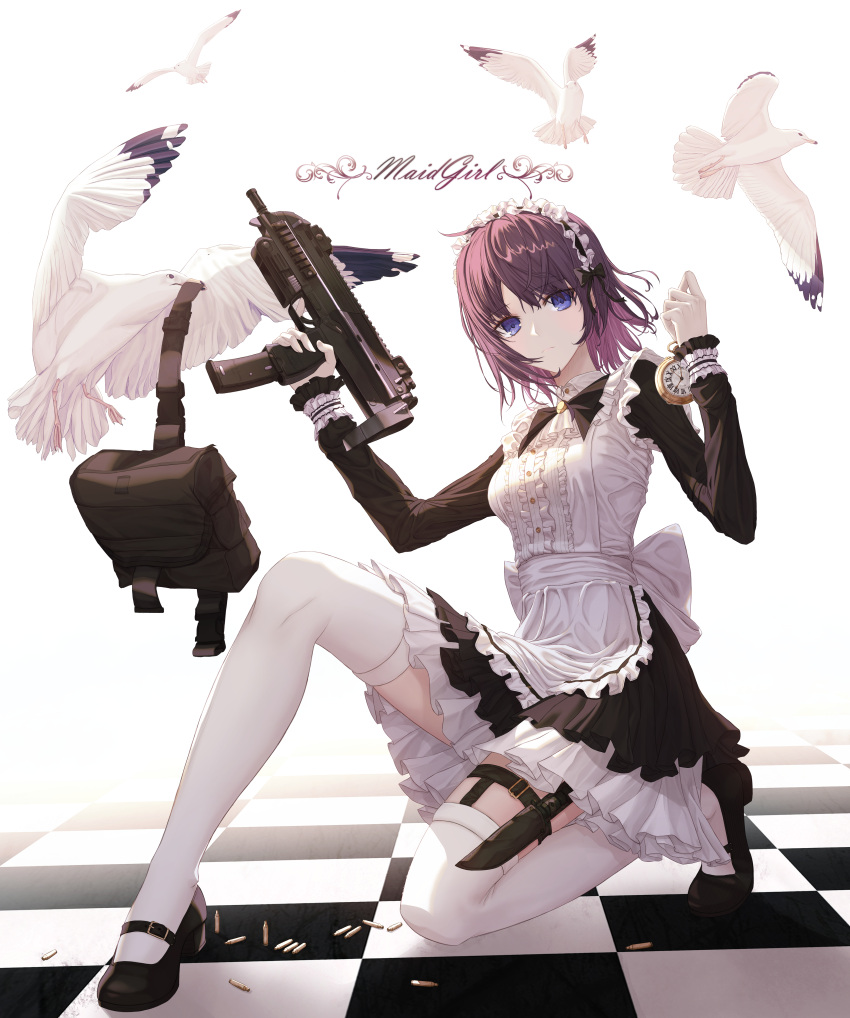 1girl absurdres apron back_bow backpack bag bird black_dress black_footwear blue_eyes bow breasts cartridge checkered checkered_floor closed_mouth commentary dagger dress eichi_(pixiv35286171) english_commentary english_text frilled_apron frilled_dress frills full_body gun highres holding holding_gun holding_weapon huge_filesize knee_up long_sleeves maid mary_janes medium_breasts one_knee original pocket_watch purple_hair shoes short_hair simple_background solo thigh_strap watch weapon weapon_request white_apron white_background white_bow wrist_cuffs
