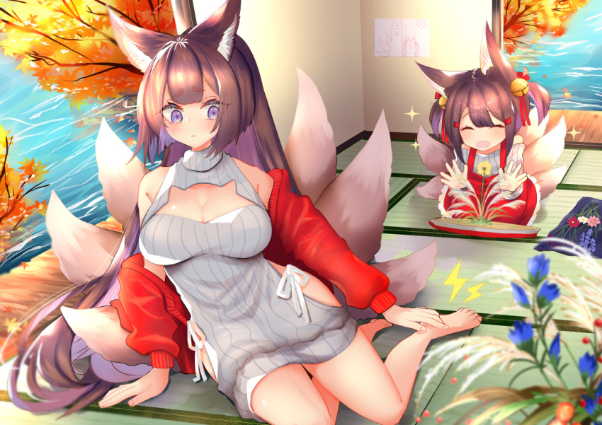 2girls akagi-chan_(azur_lane) alternate_costume amagi_(azur_lane) animal_ear_fluff animal_ears arm_support azur_lane bangs bare_legs bare_shoulders barefoot bell blunt_bangs breasts brown_hair cardigan cat_cutout cleavage_cutout closed_eyes coat commentary_request contemporary dress eyebrows_visible_through_hair fox_ears fox_girl fox_tail furrowed_eyebrows hair_bell hair_ornament hairclip impossible_clothes large_breasts leaning_forward long_hair long_sleeves looking_to_the_side meme_attire multiple_girls multiple_tails off_shoulder open_cardigan open_clothes open_door open_mouth panties putimaxi red_coat red_dress red_eyeshadow red_sweater ribbed_sweater seiza short_eyebrows side-tie_panties sitting sliding_doors sweater sweater_dress tail tatami thick_eyebrows underwear very_long_hair violet_eyes virgin_killer_sweater water yokozuwari