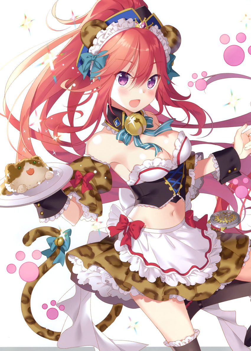 1girl :d absurdres animal_ears animal_print apron bare_shoulders bell black_legwear blue_headwear bow bowtie breasts brown_skirt crop_top detached_collar detached_sleeves floating_hair food hair_between_eyes hair_bow highres holding holding_plate jingle_bell long_hair looking_at_viewer maid maid_apron maid_headdress mary_drake medium_breasts midriff miniskirt navel open_mouth plate ponytail puffy_short_sleeves puffy_sleeves redhead rie_(reverie) scan short_sleeves skirt smile solo stomach strapless tail tail_bow thigh-highs tiger_ears tiger_print tiger_tail uchi_no_hime-sama_ga_ichiban_kawaii underbust very_long_hair violet_eyes waist_apron wrist_cuffs zettai_ryouiki