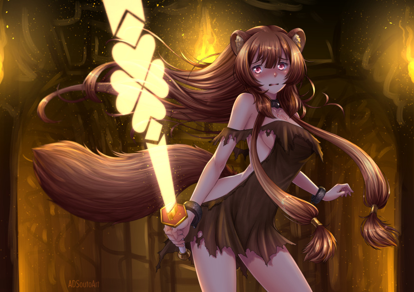 1girl adsouto animal_ears artist_name bangs bracelet breasts brown_hair collar collarbone contrapposto cowboy_shot floating_hair hair_tubes highres holding holding_sword holding_weapon indoors jewelry long_hair looking_at_viewer medium_breasts open_mouth raccoon_ears raccoon_girl raccoon_tail raphtalia red_eyes shiny shiny_hair sideboob sidelocks solo standing sword tail tate_no_yuusha_no_nariagari torn_clothes very_long_hair wavy_mouth weapon