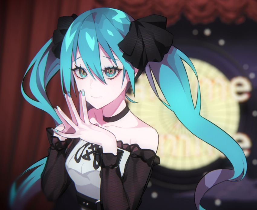 1girl bangs black_choker black_ribbon blue_eyes blue_hair blue_nails blurry blurry_background breasts choker closed_mouth curtains depth_of_field dress eyebrows_behind_hair fingernails gimmexgimme_(vocaloid) hair_between_eyes hair_ribbon hands_up hatsune_miku long_sleeves looking_at_viewer nail_polish off-shoulder_dress off_shoulder ram_(ramlabo) ribbon small_breasts solo steepled_fingers twintails upper_body vocaloid white_dress